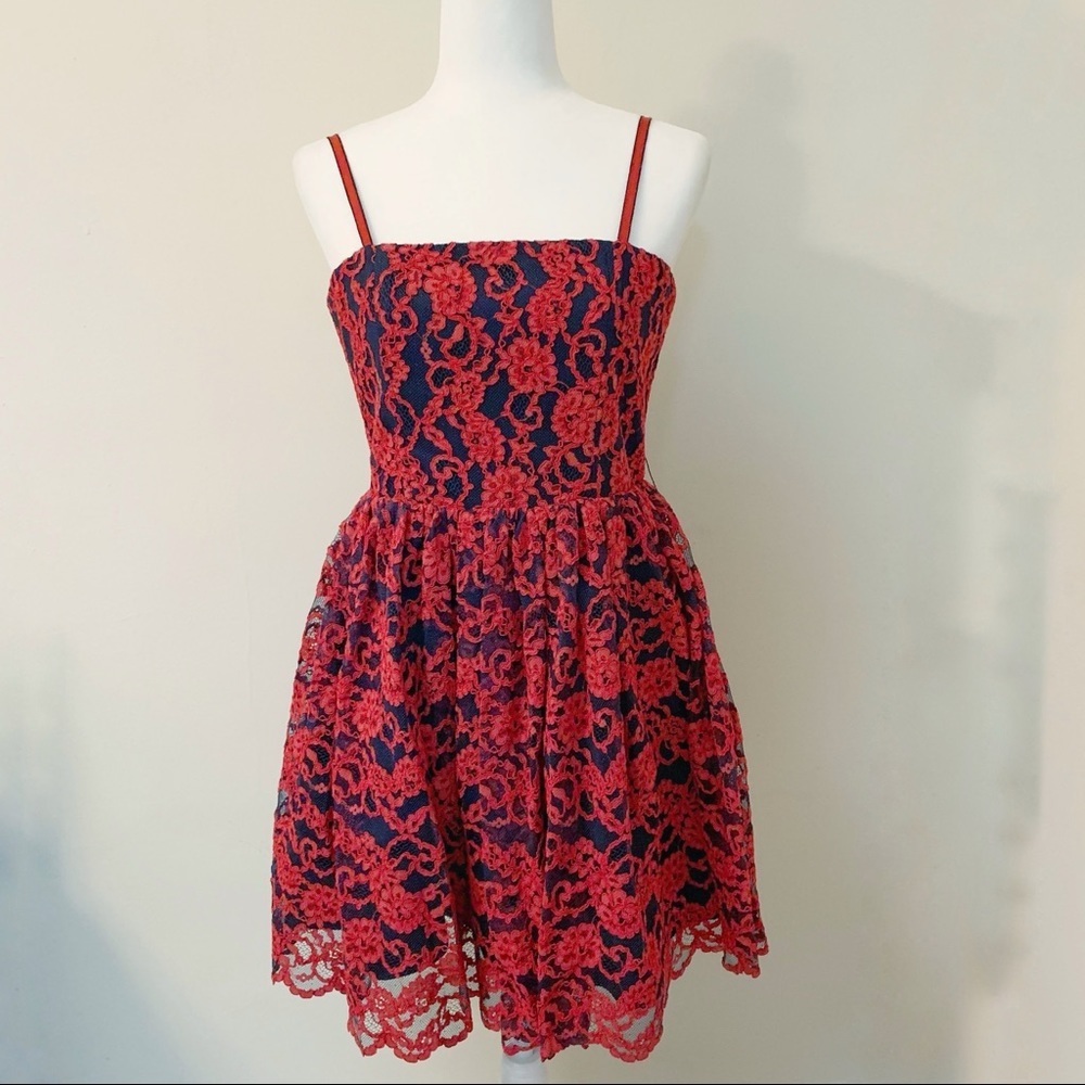Alice Olivia Red and Navy Blue Lace Dress